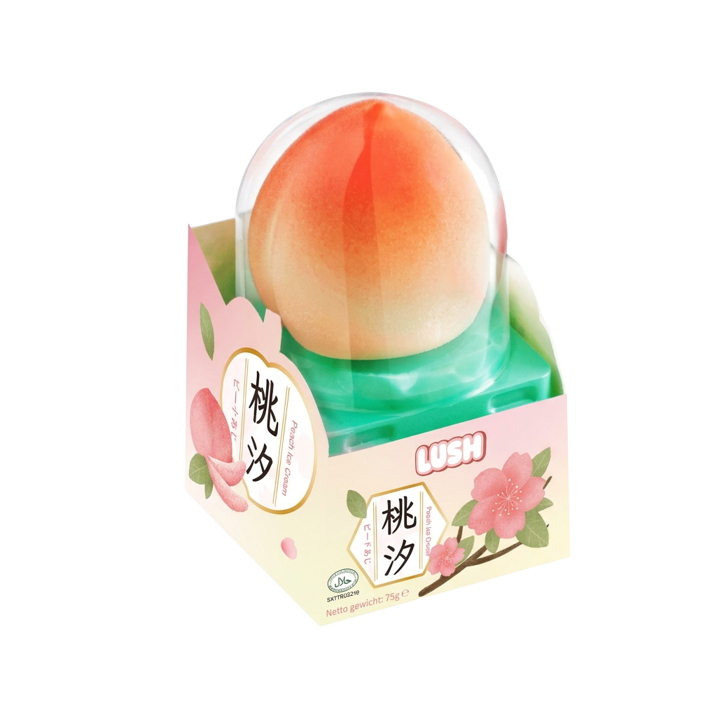 Real Lushice peach ice cream in its transparent dome packaging