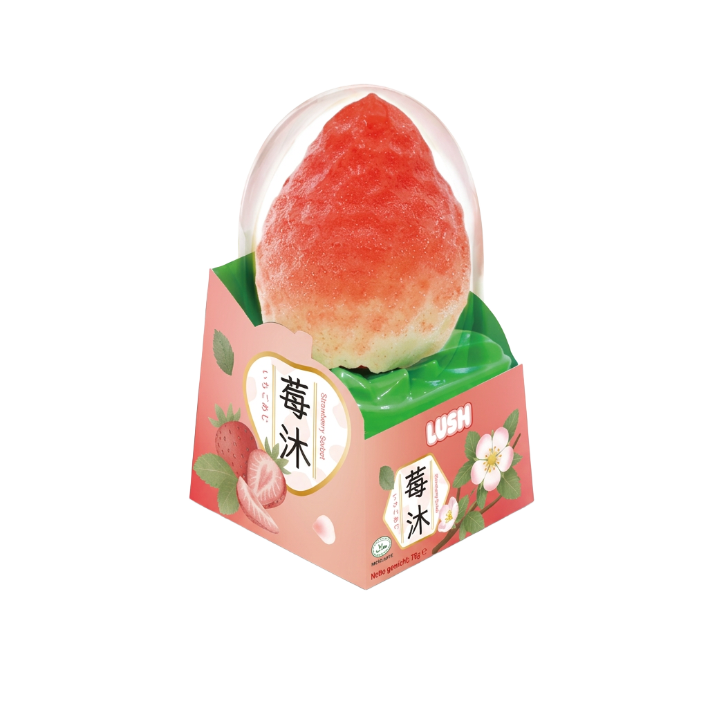 Real strawberry Lushice product in its clear dome packaging